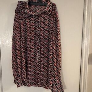 Pleione bird print sheer long sleeve shirt - red black white - sz XL. Cute!